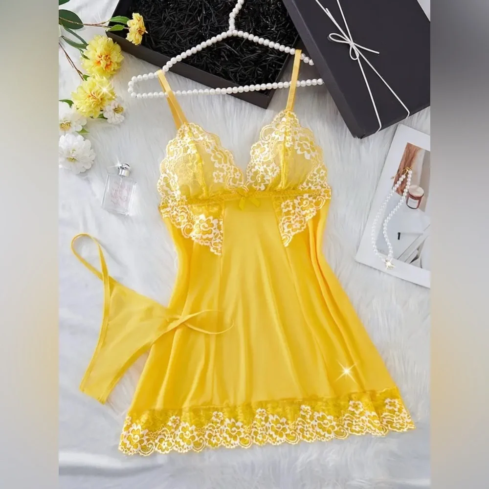 NWT New Fashion Yellow Lace Nightgown Slip Dress Size S
